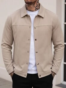 Manfinity CasualCool Men's Casual Solid Color Jacket,Versatile Button Up Shacket For Autumn,Tan Smart Casual Workwear Textured Shirt Jacket,British Urban Style - Khaki - View 3