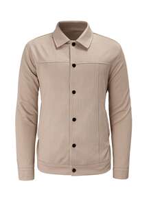 Manfinity CasualCool Men's Casual Solid Color Jacket,Versatile Button Up Shacket For Autumn,Tan Smart Casual Workwear Textured Shirt Jacket,British Urban Style - Khaki - View 6