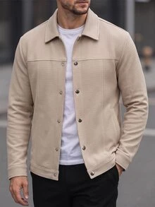 Manfinity CasualCool Men's Casual Solid Color Jacket,Versatile Button Up Shacket For Autumn,Tan Smart Casual Workwear Textured Shirt Jacket,British Urban Style - Khaki - View 2