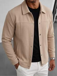Manfinity CasualCool Men's Casual Solid Color Jacket,Versatile Button Up Shacket For Autumn,Tan Smart Casual Workwear Textured Shirt Jacket,British Urban Style - Khaki - View 4