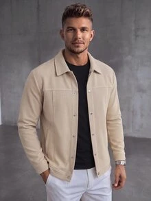 Manfinity CasualCool Men's Casual Solid Color Jacket,Versatile Button Up Shacket For Autumn,Tan Smart Casual Workwear Textured Shirt Jacket,British Urban Style - Khaki - View 1