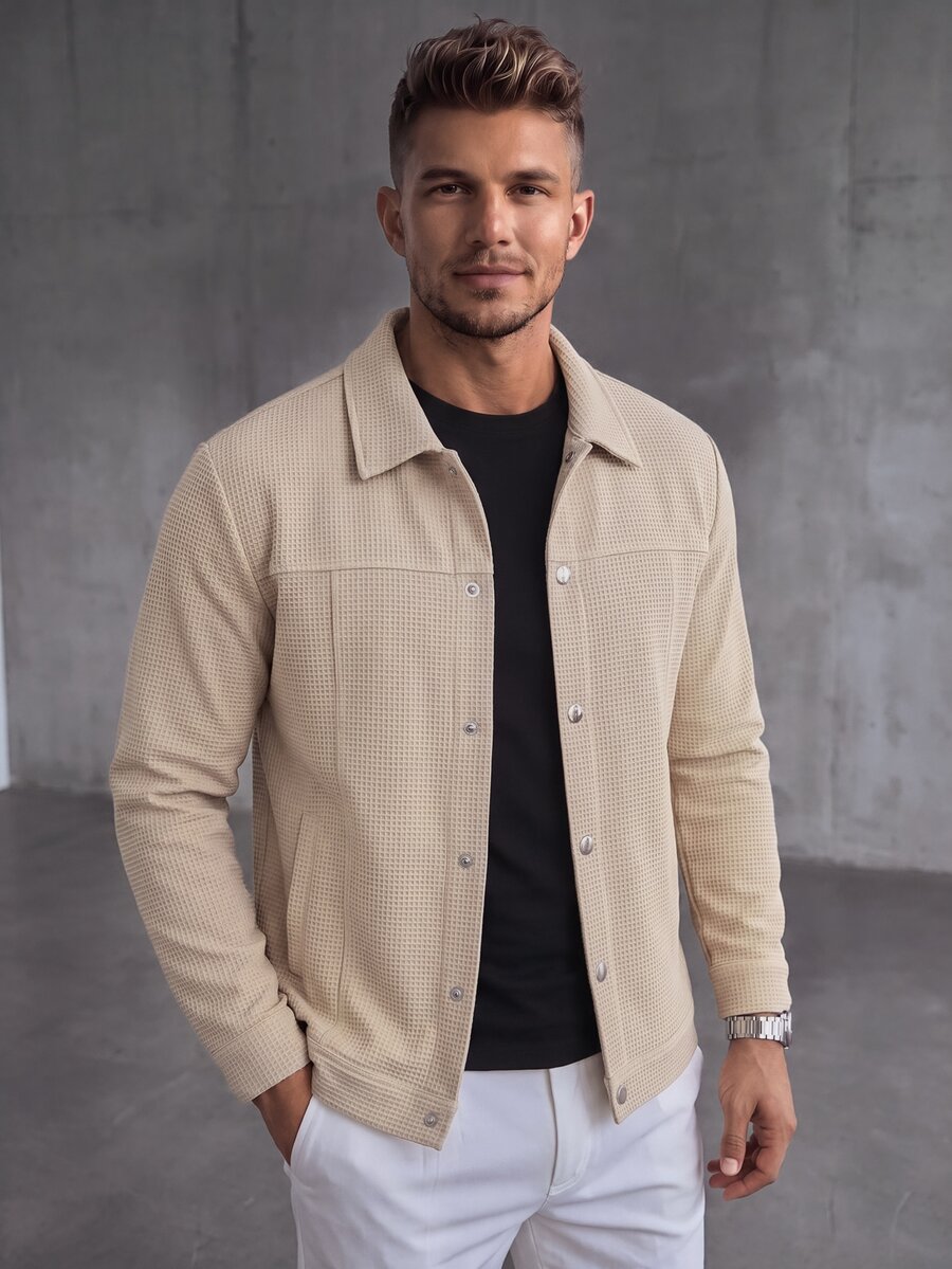 Manfinity CasualCool Men's Casual Solid Color Jacket,Versatile Button Up Shacket For Autumn,Tan Smart Casual Workwear Textured Shirt Jacket,British Urban Style - Khaki - View 1