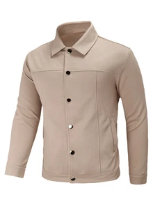 Manfinity CasualCool Men's Casual Solid Color Jacket,Versatile Button Up Shacket For Autumn,Tan Smart Casual Workwear Textured Shirt Jacket,British Urban Style - Khaki - View 5