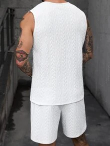 Manfinity Homme Setelan Tank Top Rajut Jacquard Putih Pria, Pakaian Streetwear Musim Panas Tanpa Lengan Rajut Kabel, Setelan Celana Pendek Serut 2 Potong, Modis untuk Liburan - Putih - View 9