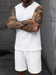 Manfinity Homme Setelan Tank Top Rajut Jacquard Putih Pria, Pakaian Streetwear Musim Panas Tanpa Lengan Rajut Kabel, Setelan Celana Pendek Serut 2 Potong, Modis untuk Liburan - Putih - View 8