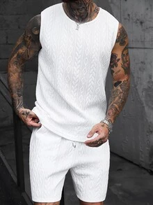Manfinity Homme Setelan Tank Top Rajut Jacquard Putih Pria, Pakaian Streetwear Musim Panas Tanpa Lengan Rajut Kabel, Setelan Celana Pendek Serut 2 Potong, Modis untuk Liburan - Putih - View 4