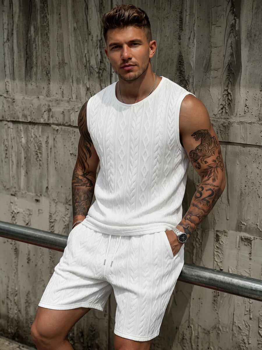 Manfinity Homme Setelan Tank Top Rajut Jacquard Putih Pria, Pakaian Streetwear Musim Panas Tanpa Lengan Rajut Kabel, Setelan Celana Pendek Serut 2 Potong, Modis untuk Liburan