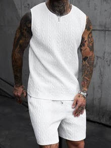 Manfinity Homme Setelan Tank Top Rajut Jacquard Putih Pria, Pakaian Streetwear Musim Panas Tanpa Lengan Rajut Kabel, Setelan Celana Pendek Serut 2 Potong, Modis untuk Liburan - Putih - View 7
