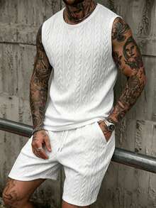 Manfinity Homme Setelan Tank Top Rajut Jacquard Putih Pria, Pakaian Streetwear Musim Panas Tanpa Lengan Rajut Kabel, Setelan Celana Pendek Serut 2 Potong, Modis untuk Liburan - Putih - View 3
