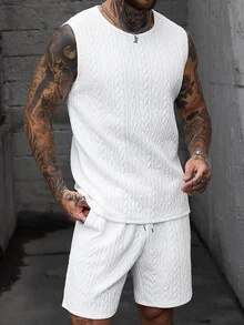 Manfinity Homme Setelan Tank Top Rajut Jacquard Putih Pria, Pakaian Streetwear Musim Panas Tanpa Lengan Rajut Kabel, Setelan Celana Pendek Serut 2 Potong, Modis untuk Liburan - Putih - View 5
