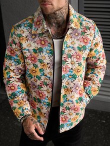 Manfinity CasualCool 男士流行夹克，INS风格，提花面料，日常穿着，男友/老公礼物，周年纪念礼物，拉链夹克 - 彩色 - 查看 4