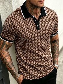 Manfinity CasualCool 男士復古風 Polo 衫，對比色領口，針織菱格紋提花短袖上衣，成熟休閒 - 彩色 - 查看 2