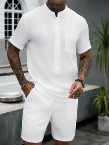 Manfinity Homme Men's White Summer Casual Vacation Textured Fabric Stand Collar Half-Button Short Sleeve Shirt And Shorts Set,Minimalist Solid Color Old Money Outfit - White - View 3