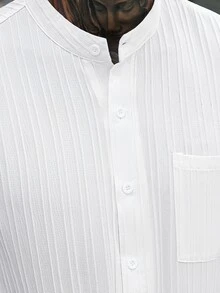 Manfinity Homme Men's White Summer Casual Vacation Textured Fabric Stand Collar Half-Button Short Sleeve Shirt And Shorts Set,Minimalist Solid Color Old Money Outfit - White - View 7