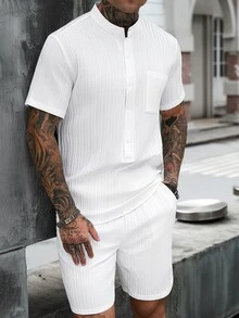 Manfinity Homme Men's White Summer Casual Vacation Textured Fabric Stand Collar Half-Button Short Sleeve Shirt And Shorts Set,Minimalist Solid Color Old Money Outfit - White - View 4