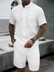 Manfinity Homme Men's White Summer Casual Vacation Textured Fabric Stand Collar Half-Button Short Sleeve Shirt And Shorts Set,Minimalist Solid Color Old Money Outfit - White - View 2