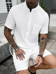Manfinity Homme Men's White Summer Casual Vacation Textured Fabric Stand Collar Half-Button Short Sleeve Shirt And Shorts Set,Minimalist Solid Color Old Money Outfit - White - View 5