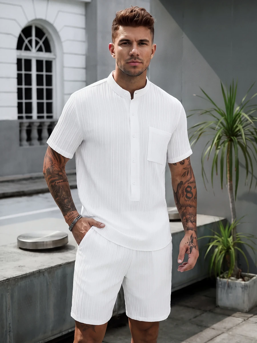 Manfinity Homme Men's White Summer Casual Vacation Textured Fabric Stand Collar Half-Button Short Sleeve Shirt And Shorts Set,Minimalist Solid Color Old Money Outfit - White - View 1