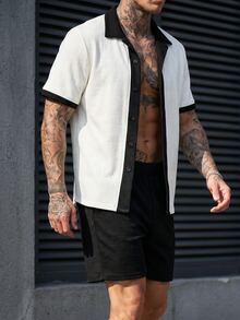 Manfinity CasualCool 男士撞色休闲简约设计前扣短袖衬衫套装 - 黑與白 - 查看 7