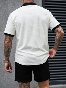 Manfinity CasualCool 男士撞色休闲简约设计前扣短袖衬衫套装 - 黑與白 - 查看 5