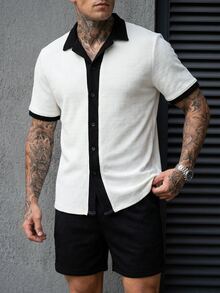 Manfinity CasualCool 男士撞色休闲简约设计前扣短袖衬衫套装 - 黑與白 - 查看 6
