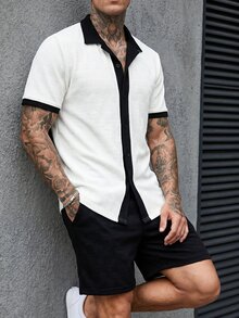 Manfinity CasualCool 男士撞色休闲简约设计前扣短袖衬衫套装 - 黑與白 - 查看 2