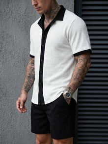 Manfinity CasualCool 男士撞色休闲简约设计前扣短袖衬衫套装 - 黑與白 - 查看 4