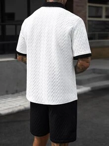 Manfinity CasualCool 男士紋理拼接短袖襯衫與口袋短褲套裝 度假風 黑白配色 夏季休閒街頭風 - 黑與白 - 查看 6