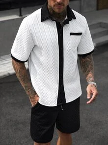 Manfinity CasualCool 男士紋理拼接短袖襯衫與口袋短褲套裝 度假風 黑白配色 夏季休閒街頭風 - 黑與白 - 查看 3
