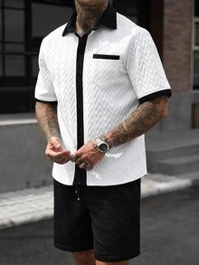 Manfinity CasualCool 男士紋理拼接短袖襯衫與口袋短褲套裝 度假風 黑白配色 夏季休閒街頭風 - 黑與白 - 查看 2