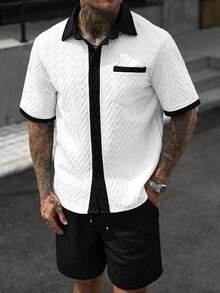 Manfinity CasualCool 男士紋理拼接短袖襯衫與口袋短褲套裝 度假風 黑白配色 夏季休閒街頭風 - 黑與白 - 查看 4