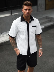 Manfinity CasualCool 男士紋理拼接短袖襯衫與口袋短褲套裝 度假風 黑白配色 夏季休閒街頭風 - 黑與白 - 查看 1
