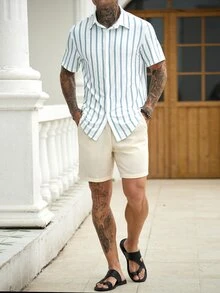 Manfinity CasualCool Men's Striped Short Sleeve Single-Breasted Casual Shirt - White - View 6