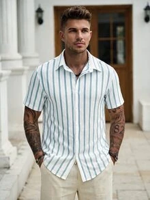 Manfinity CasualCool Men's Striped Short Sleeve Single-Breasted Casual Shirt - White - View 1