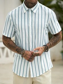 Manfinity CasualCool Men's Striped Short Sleeve Single-Breasted Casual Shirt - White - View 4