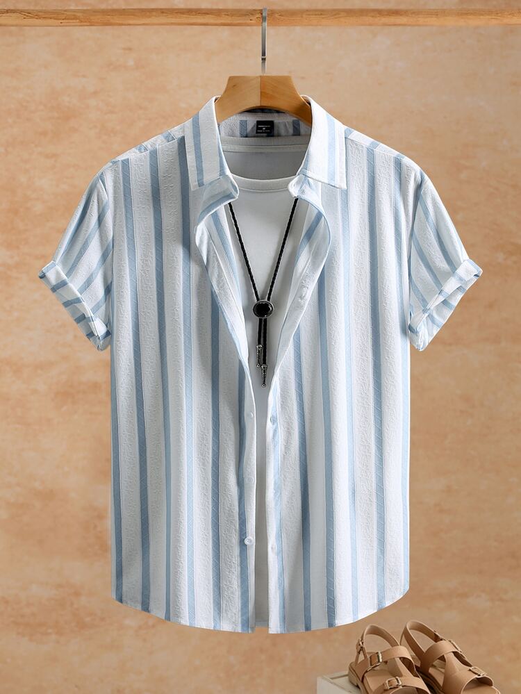 Manfinity CasualCool Men's Striped Short Sleeve Single-Breasted Casual Shirt - White - View 8