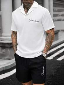 Manfinity CasualCool Men's Waffle V-Neck Top & "Freedom" Embroidered Letter Short Sleeve Shorts 2-Piece Sportswear Set - Multicolor - View 2