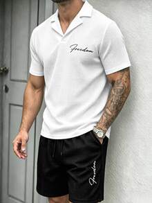 Manfinity CasualCool Men's Waffle V-Neck Top & "Freedom" Embroidered Letter Short Sleeve Shorts 2-Piece Sportswear Set - Multicolor - View 6