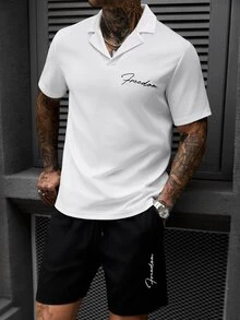 Manfinity CasualCool Men's Waffle V-Neck Top & "Freedom" Embroidered Letter Short Sleeve Shorts 2-Piece Sportswear Set - Multicolor - View 5