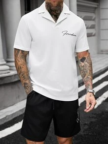 Manfinity CasualCool Men's Waffle V-Neck Top & "Freedom" Embroidered Letter Short Sleeve Shorts 2-Piece Sportswear Set - Multicolor - View 4