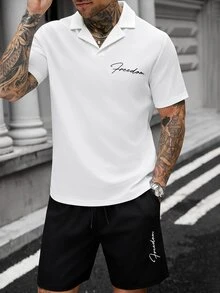 Manfinity CasualCool Men's Waffle V-Neck Top & "Freedom" Embroidered Letter Short Sleeve Shorts 2-Piece Sportswear Set - Multicolor - View 3