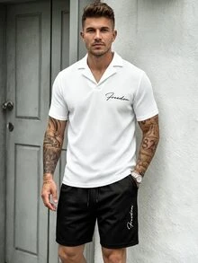 Manfinity CasualCool Men's Waffle V-Neck Top & "Freedom" Embroidered Letter Short Sleeve Shorts 2-Piece Sportswear Set - Multicolor - View 1
