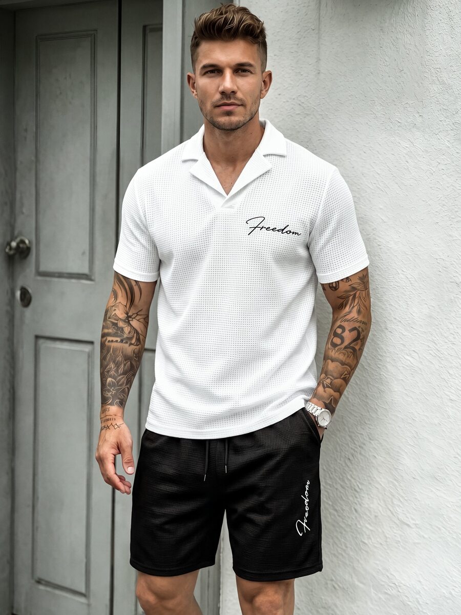 Manfinity CasualCool Men's Waffle V-Neck Top & "Freedom" Embroidered Letter Short Sleeve Shorts 2-Piece Sportswear Set - Multicolor - View 1