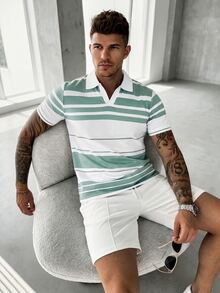 Manfinity CasualCool 夏季拼色條紋男士 Polo 衫，街頭風熱帶休閒度假風，綠色與白色 - 白色 - 查看 1