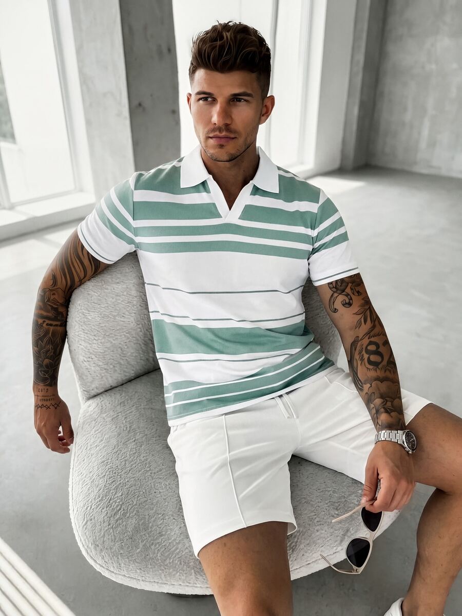 Manfinity CasualCool 夏季拼色條紋男士 Polo 衫,街頭風熱帶休閒度假風,綠色與白色 - 白色 - 查看 1