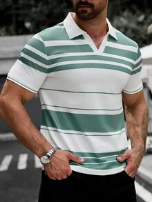 Manfinity CasualCool 夏季拼色條紋男士 Polo 衫，街頭風熱帶休閒度假風，綠色與白色 - 白色 - 查看 4