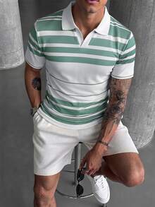 Manfinity CasualCool 夏季拼色條紋男士 Polo 衫，街頭風熱帶休閒度假風，綠色與白色 - 白色 - 查看 3