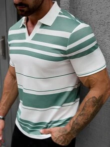 Manfinity CasualCool 夏季拼色條紋男士 Polo 衫，街頭風熱帶休閒度假風，綠色與白色 - 白色 - 查看 6