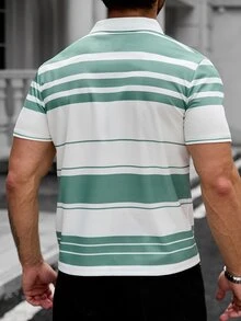 Manfinity CasualCool 夏季拼色條紋男士 Polo 衫，街頭風熱帶休閒度假風，綠色與白色 - 白色 - 查看 9