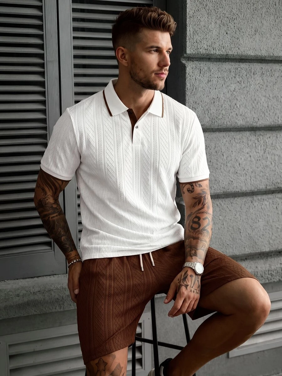 Manfinity CasualCool Men's Summer White And Brown Textured Short Sleeve Polo Shirt & Drawstring Shorts Set,Smart Casual Vacation Outfit,Old Money Style Daily Leisure Wear - Multicolor - View 1